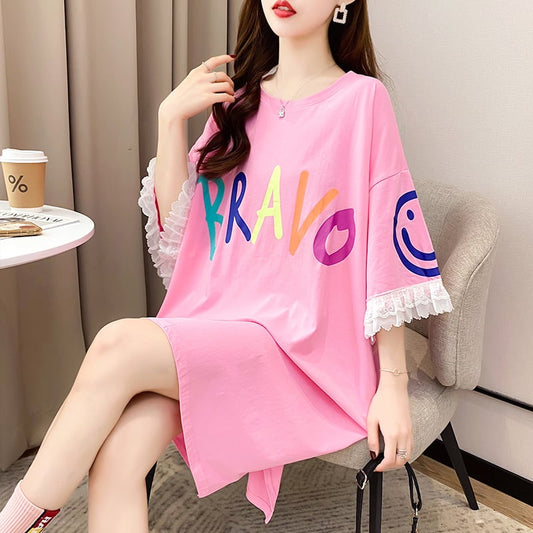 夏新作 オーバーサイズ  アルファベット フリル プリントTシャツ 三色 ゆったり半袖<ins-3009>