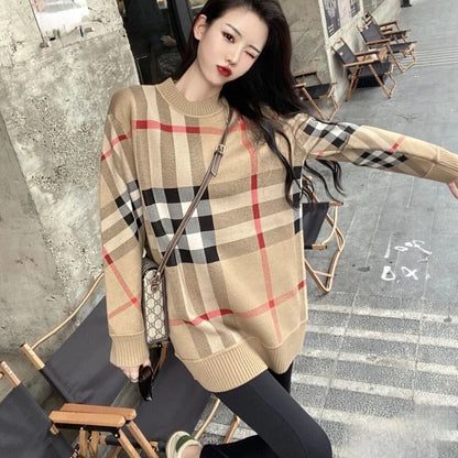 レトロ ラウンドネック オシャレ度満点 チェック柄 長袖 ニット セーターE-6808