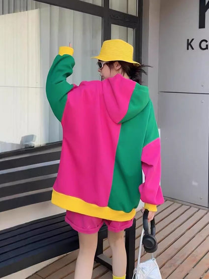 話題沸騰中 切り替え 目を奪われる カラーマッチング カジュアルプリント 3色 パーカー E-10522