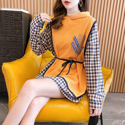 レイヤード風  チェック柄 ロングパーカ全3色トップスE-4803