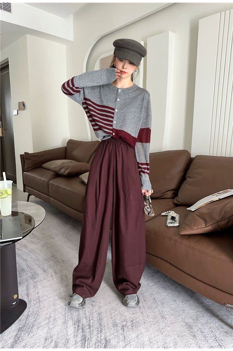 都市ファッショ デザイン オシャレ 切り替え ストライプ柄 ニットトップスE-9581