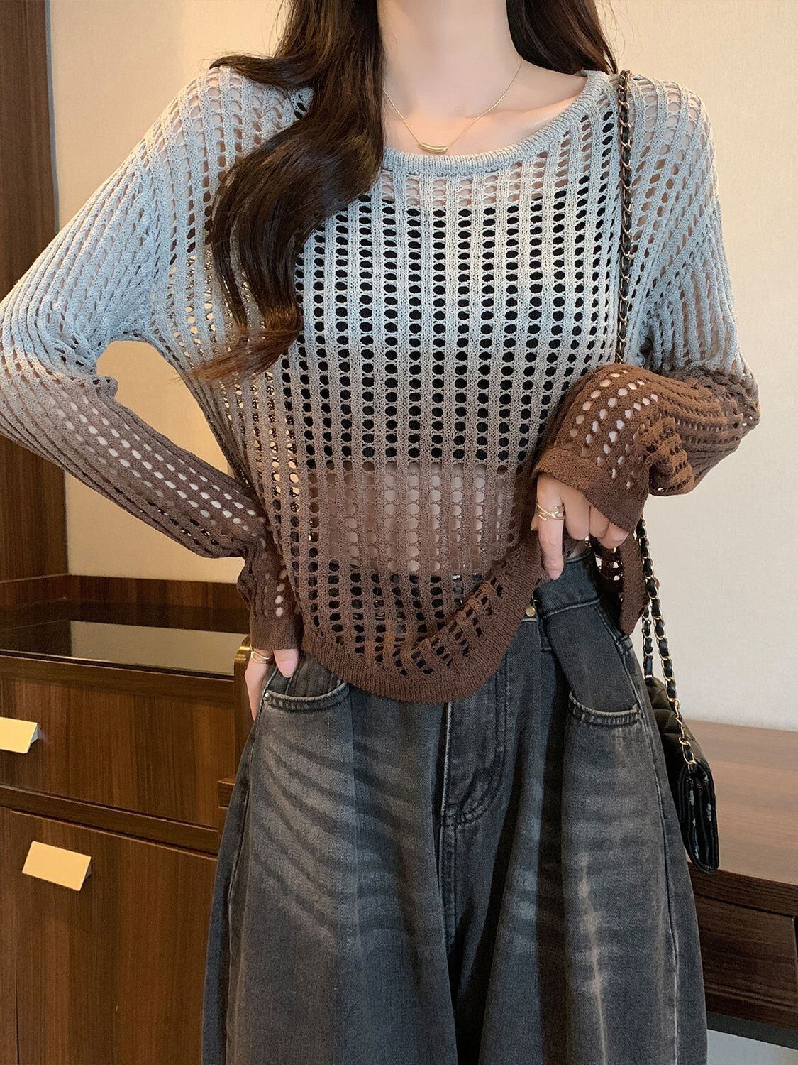 話題沸騰中 グラデーション おしゃれ度高め 透かし彫り ニットトップスE-9557