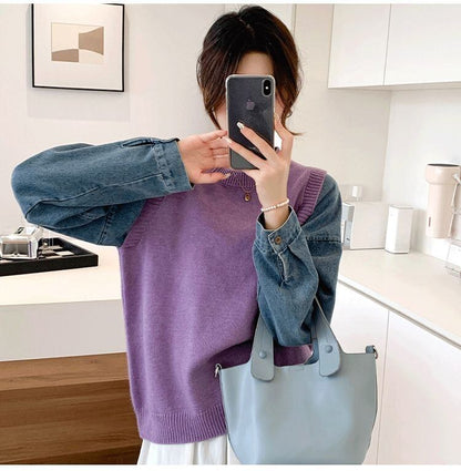 好感度UP レイヤード風 スタイルアップ デニム 切り替え 3色選択 ニットトップスE-9594