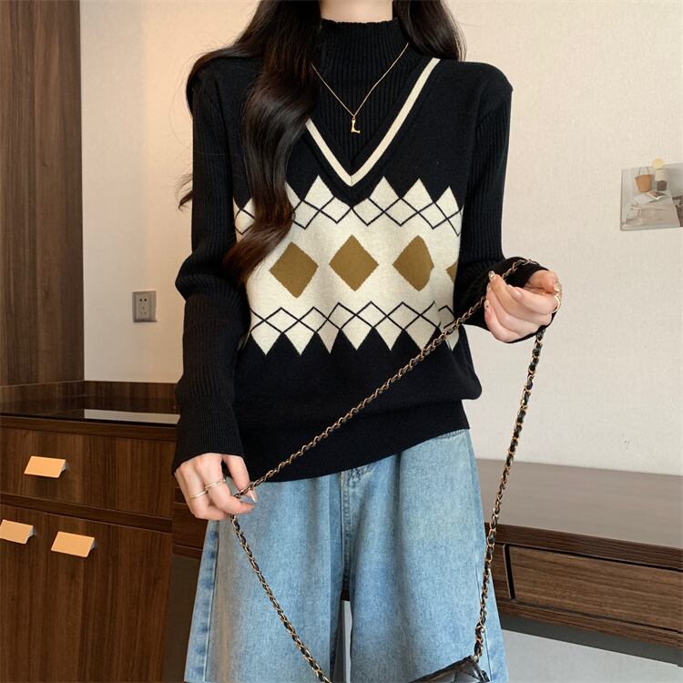 人気上昇中 レイヤード風 おしゃれ度高め 全2色 ニットトップスE-9583