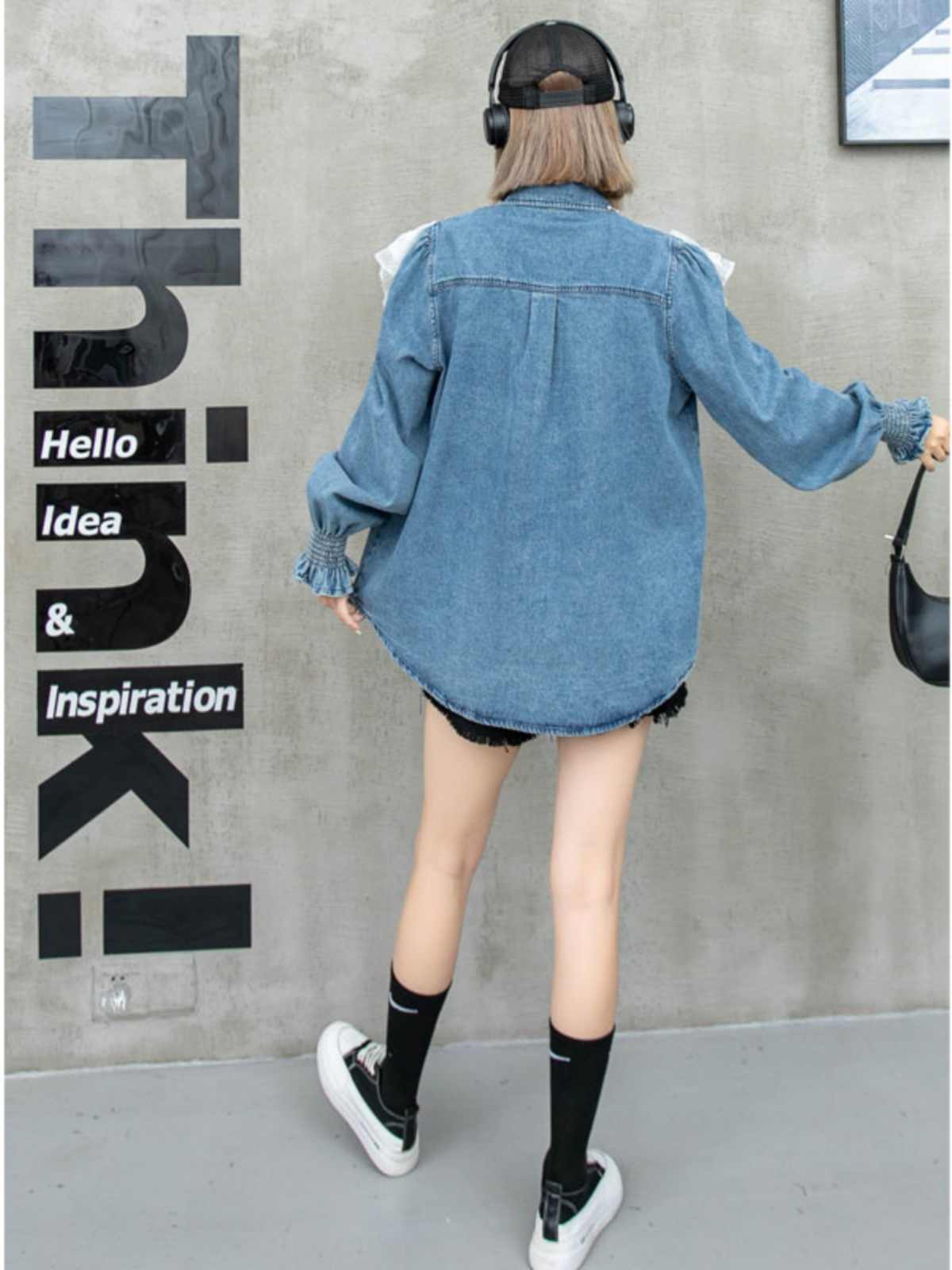 大好評 上質 話題沸騰中 おしゃれ度高め レース 切り替え デニム シャツ E-9409