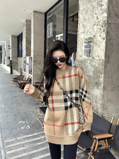 レトロ ラウンドネック オシャレ度満点 チェック柄 長袖 ニット セーターE-6808