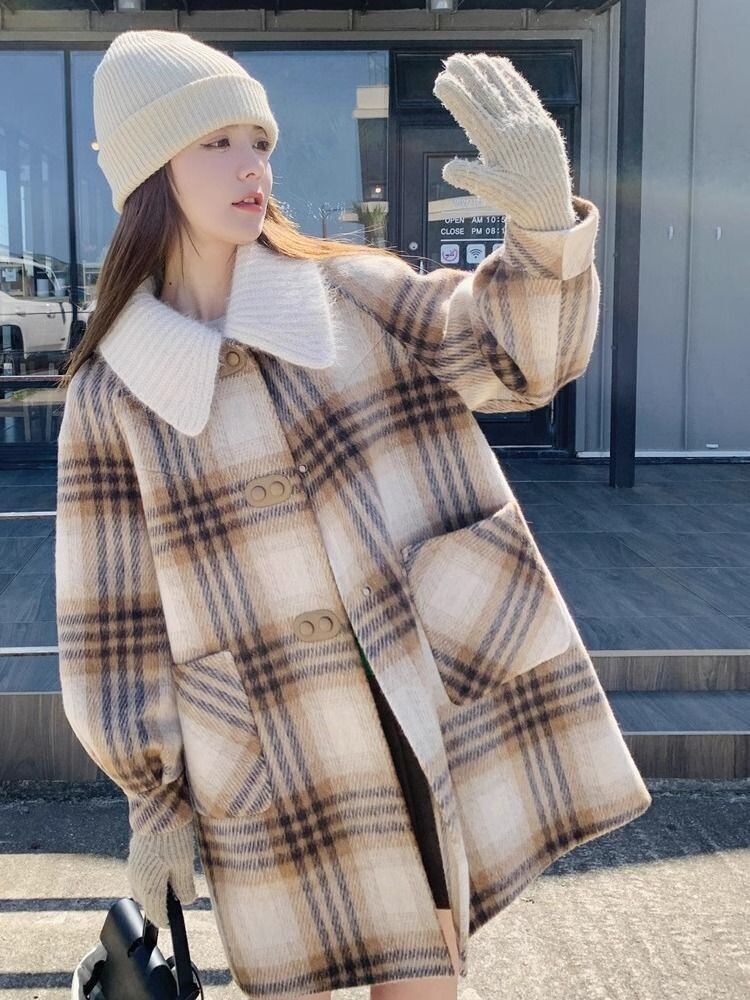 絶対欲しい チェック柄 高級感溢れる 2色選択 ミドルレングス コート E-9740