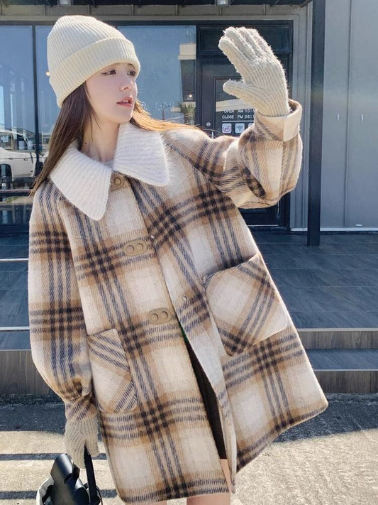 絶対欲しい チェック柄 高級感溢れる 2色選択 ミドルレングス コート E-9740