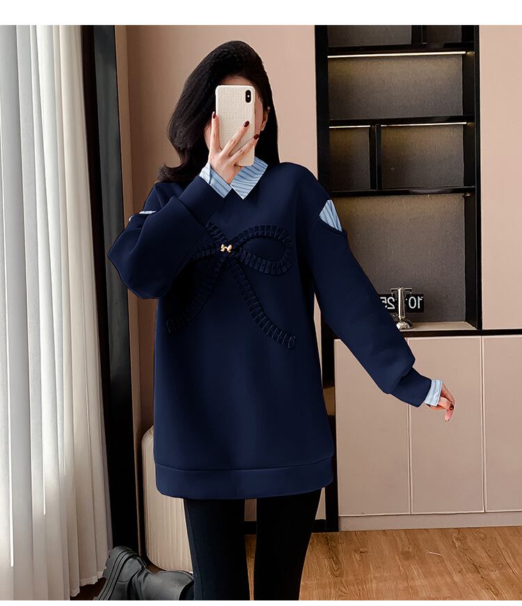 好感度UP レイヤード風 柔らかくて優しい印象 切り替え プラスベルベット 全3色 スウェットE-9809