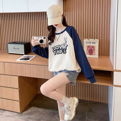 合わせやすい刺?ロゴゆったり厚手ラグランスリーブ   スウェット全2色E-4613