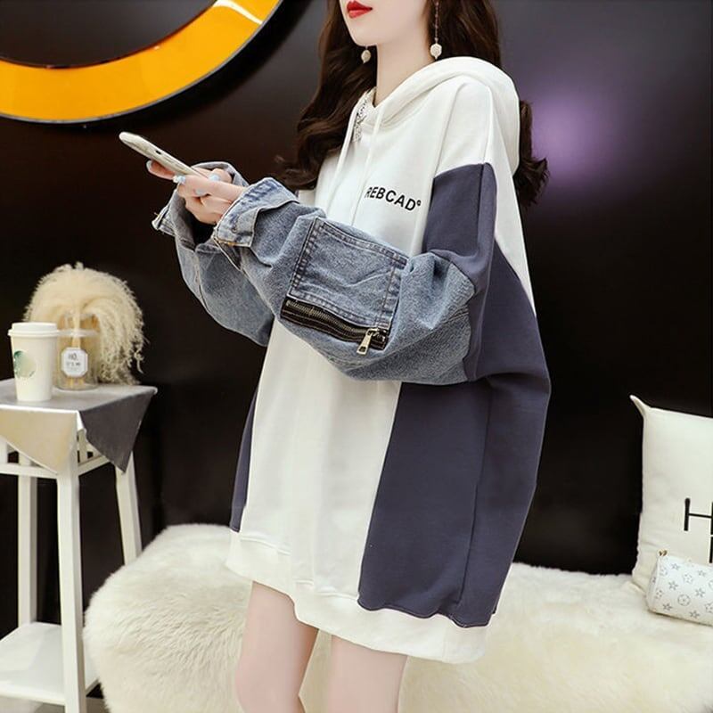 【人気急上昇中】売れ筋 切り替え デニム ゆったり フード付き パーカー E-2101