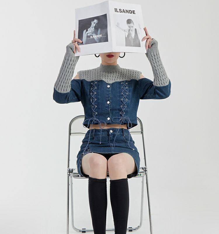 スタイルアップ効果抜群 デニム 高見えデザイン トップスⅹミニスカートセットアップE-9160