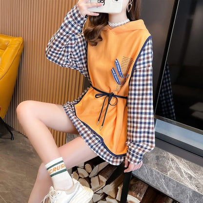 レイヤード風  チェック柄 ロングパーカ全3色トップスE-4803