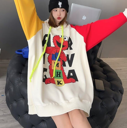 オーバーサイズ カラーマッチング アルファベットプリント フード付き ロングパーカE-4085