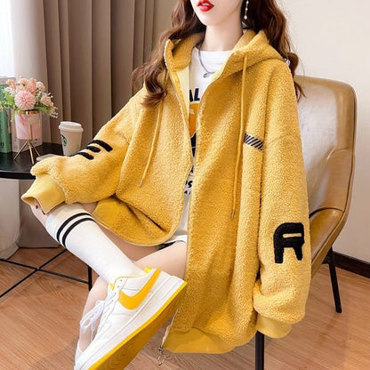 好感度UPアルファベットロゴボアフルジップパーカー 厚手トップス 全4色 E-4443