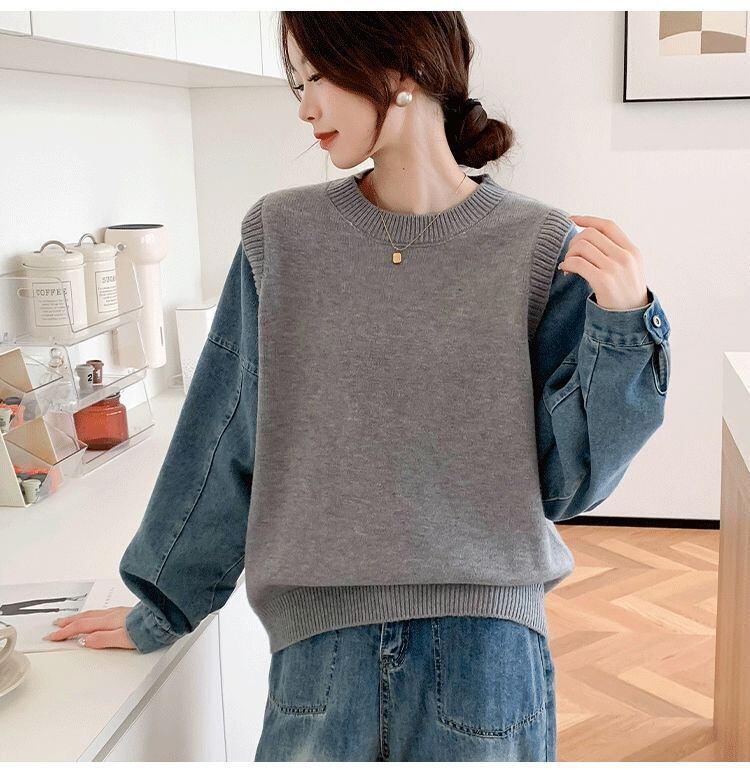 好感度UP レイヤード風 スタイルアップ デニム 切り替え 3色選択 ニットトップスE-9594