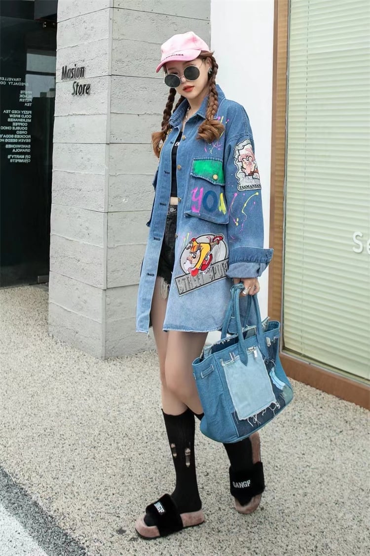 大活躍 刺?ロゴ 落書きストレート系 デニムジャケットゆったりコートiEf-4764