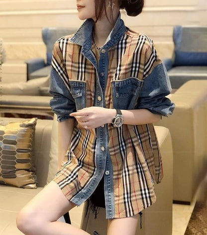 大好評 ファッション 売り切れ必至 チェック柄 切り替え デニム Tシャツ E-9220