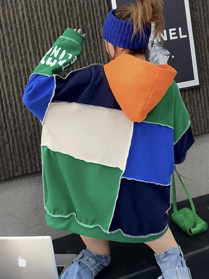 快適トップス カラーマッチング おしゃれ度高め 切り替え 2色選択 パーカーE-9361