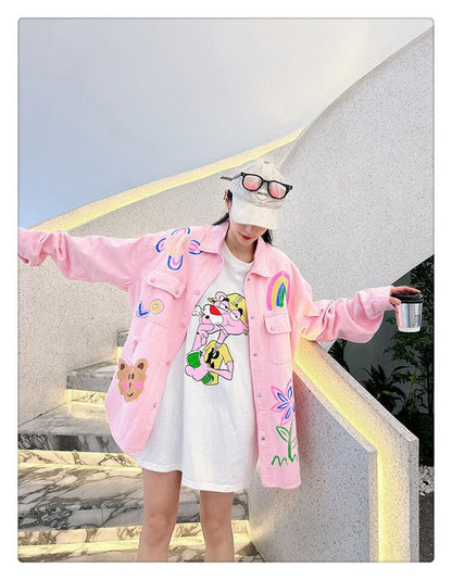 売り切れ必至 韓国風ファッション 上質 アバンギャルド プリント デニム Tシャツ E-9479