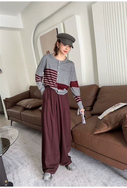 都市ファッショ デザイン オシャレ 切り替え ストライプ柄 ニットトップスE-9581