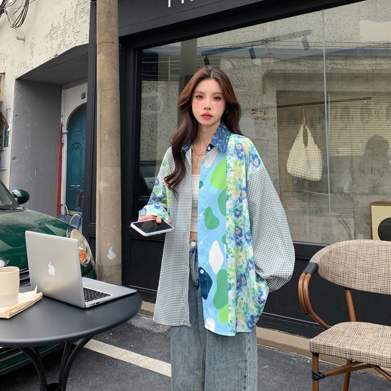 スタイルアップ効果抜群 切り替え カジュアル チェック柄 全2色 シャツ E-9177