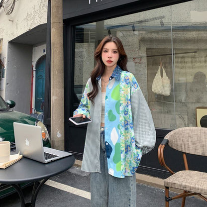 スタイルアップ効果抜群 切り替え カジュアル チェック柄 全2色 シャツ E-9177