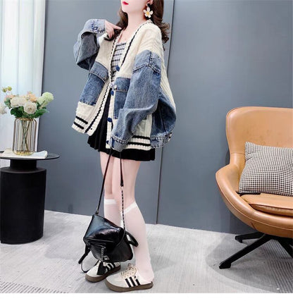 存在感抜群 おしゃれ度高め トレンドアイテム デニム 切り替え 2色選択 ニットトップスE-9724