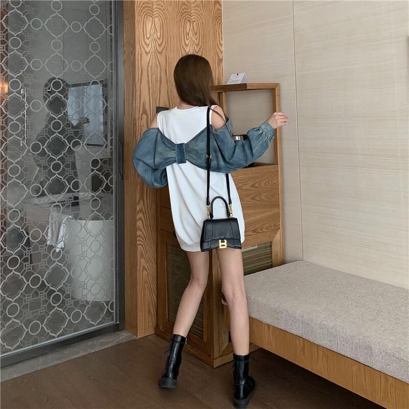 スタイリッシュ ラウンドネック 一目惚れ 切り替え 蝶結び スウェット パーカーE-2849