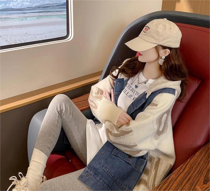 新作デニム切り替えニットフード付きパーカートップス全3色E-4321