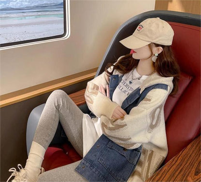 新作デニム切り替えニットフード付きパーカートップス全3色E-4321