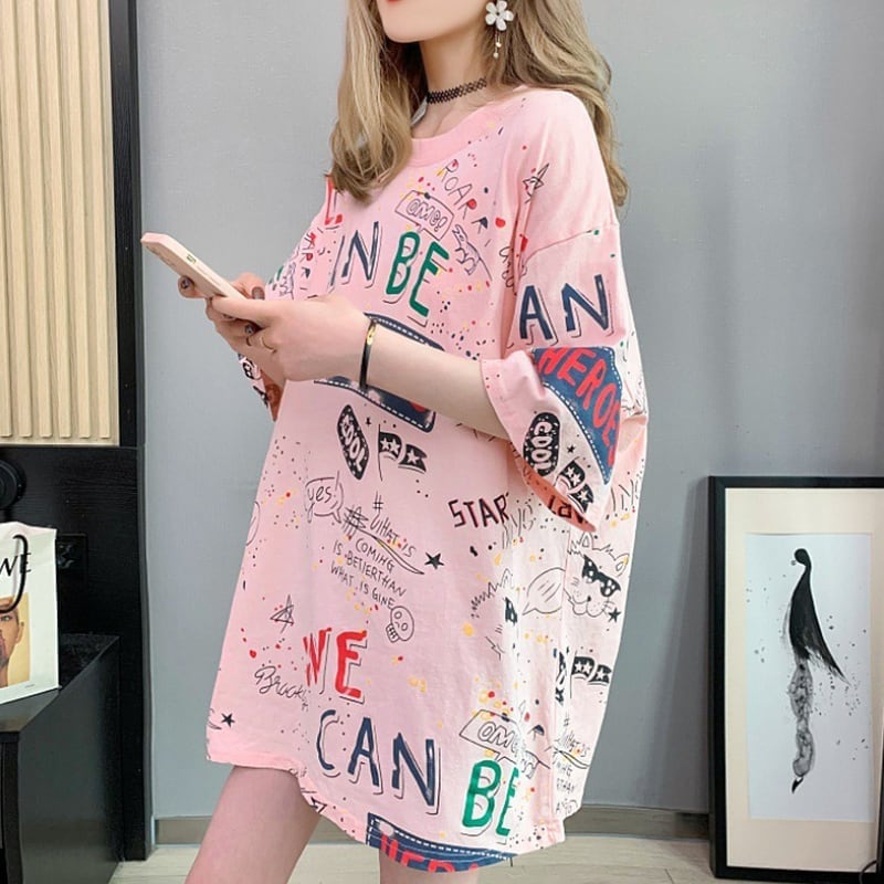 スタイリッシュ 一目惚れ 切り替え プリント Tシャツ カットソー＜ins-3540＞