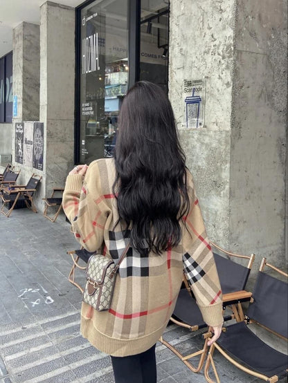 レトロ ラウンドネック オシャレ度満点 チェック柄 長袖 ニット セーターE-6808