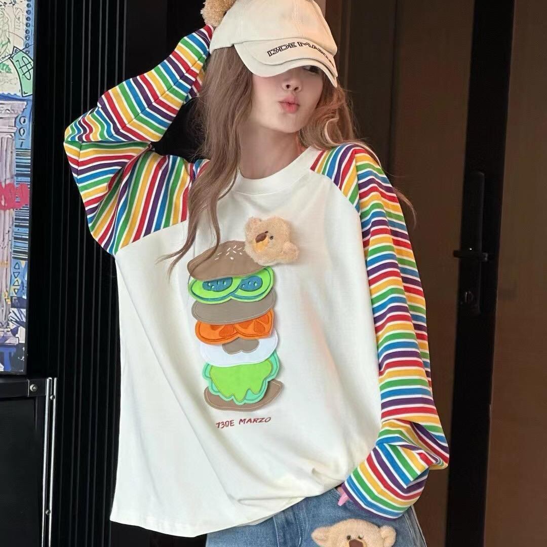 都市ファッショ デザイン オシャレ 大人可愛い 着心地良い プリント ストライプ柄 半袖TシャツE-9332