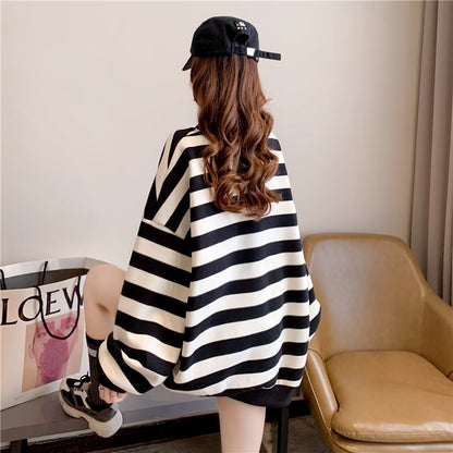 韓国系ストライプ柄  ぬいぐるみオーバーサイズ スウェットE-4105