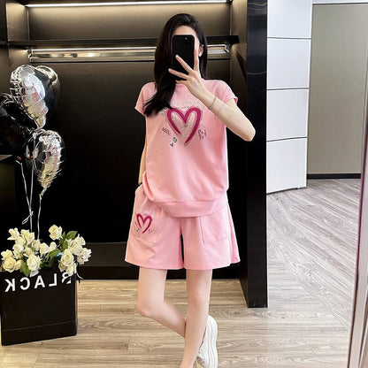 超人気 ホットダイヤモンド カジュアル プリント 半袖Tシャツ ショートパンツ セットアップ E-9215