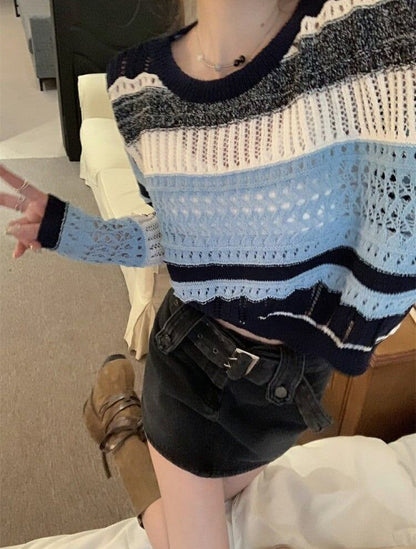 柔らかくて優しい印象 ストライプ柄 切り替え ニットトップスE-9142