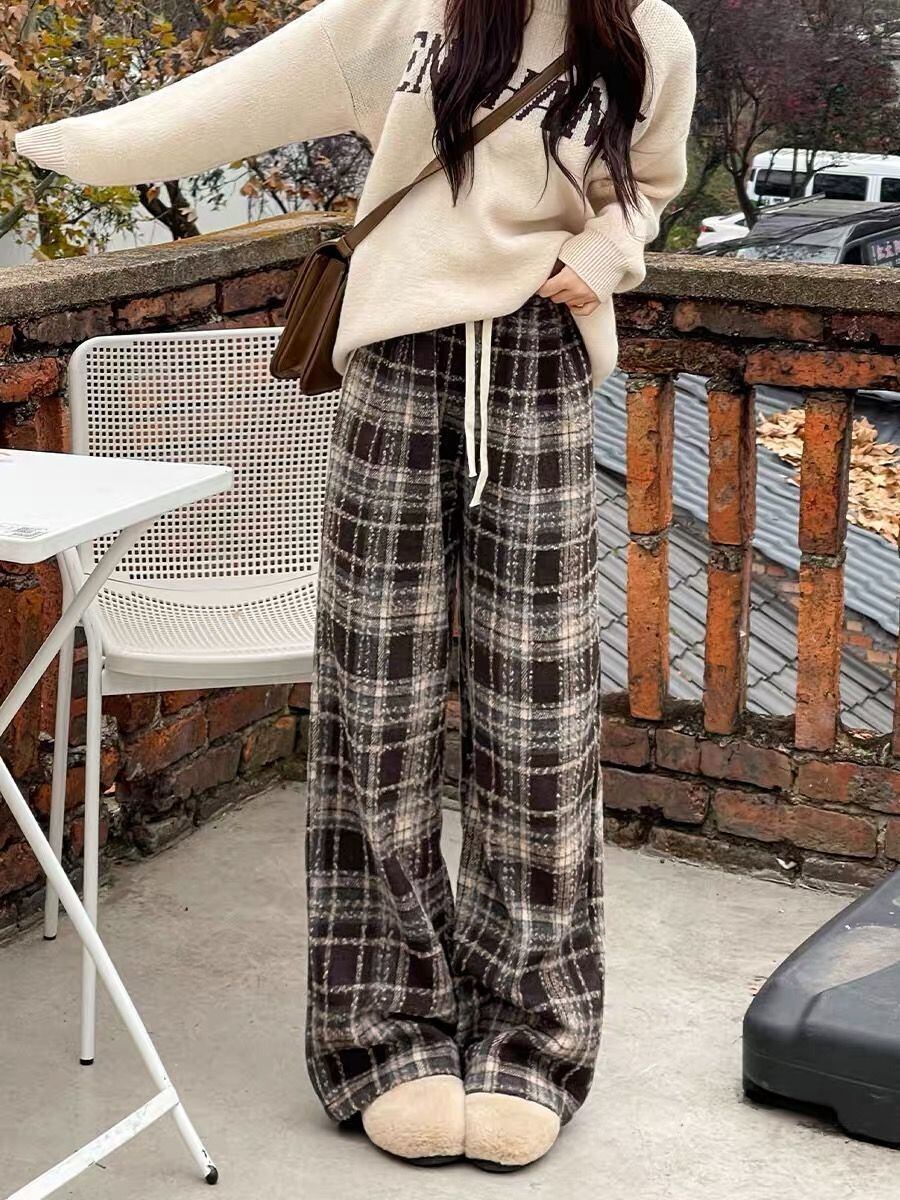 着回し力抜群 チェック柄 おしゃれ度高め 3色選択 ウールワイドレッグパンツ E-9757