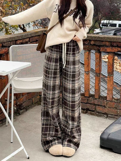 着回し力抜群 チェック柄 おしゃれ度高め 3色選択 ウールワイドレッグパンツ E-9757