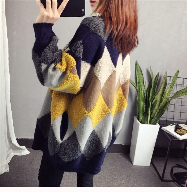 アーガイル オーバーサイズ ボア ニットカーディガン iEf-3833