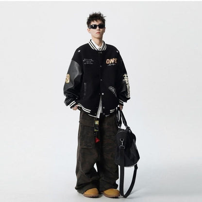 【中棉】人気爆発中 アメリカンレトロ 配色切り替え 刺繍ロゴ ユニセックス スタジャンE-12627