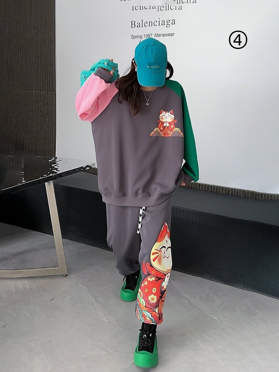 スタイルアップ効果抜群 4色選択 プリント パーカー＋ショートパンツ セットアップE-10456