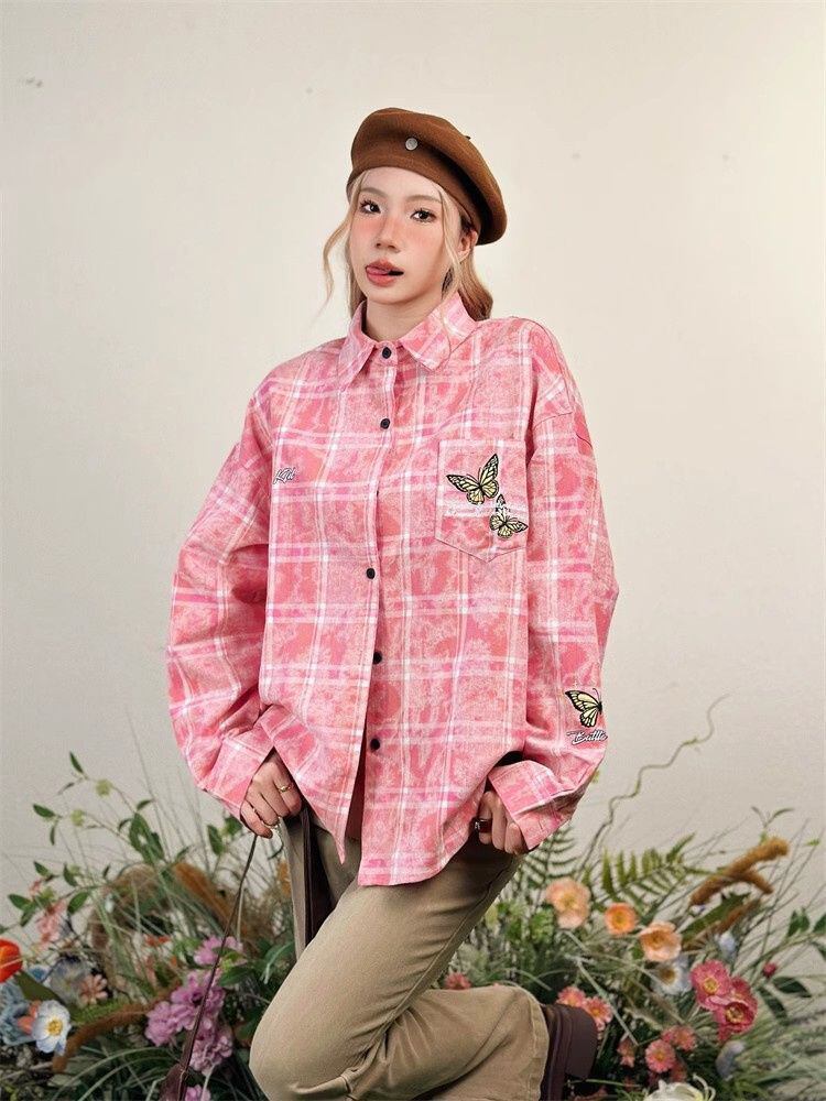 アクティブも綺麗も叶う 刺繍 カジュアル チェック柄 全2色 カップル シャツ E-9166