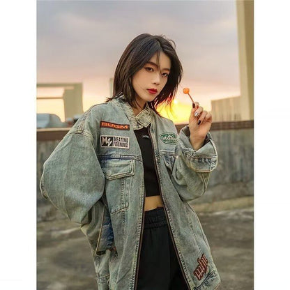 絶対流行 スタンドネック 高見えデザイン 男女兼用 デニム ジャケット ゆったり コートE-9312