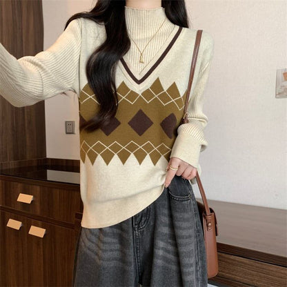 人気上昇中 レイヤード風 おしゃれ度高め 全2色 ニットトップスE-9583