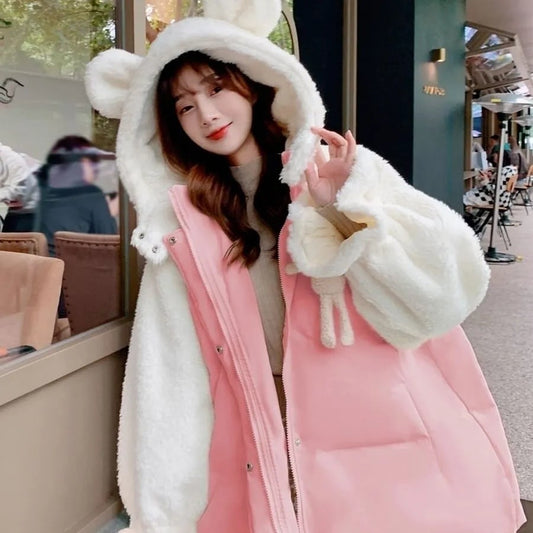 美人度アップもこもこボア厚手 3色 アニマルパーカー もこもこパーカーコートE-12384