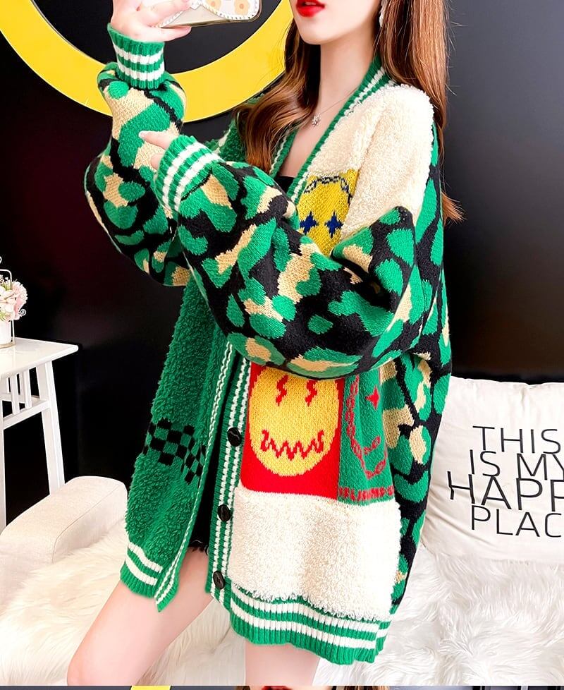 早い者勝ちスマイルマーク   ニットカーディガン五色ありE-4059