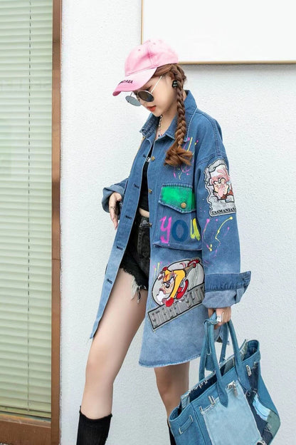 大活躍 刺ロゴ 落書きストレート系 デニムジャケットゆったりコートiEf-4764