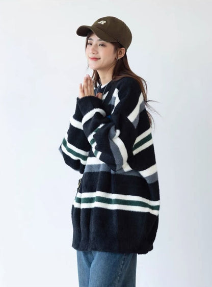 大活躍 カジュアル 柔らかくて優しい印象 ストライプ柄 2色選択ニットトップスE-9938