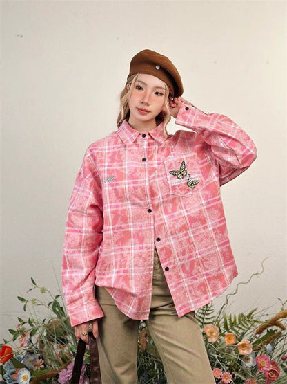 アクティブも綺麗も叶う 刺繍 カジュアル チェック柄 全2色 カップル シャツ E-9166